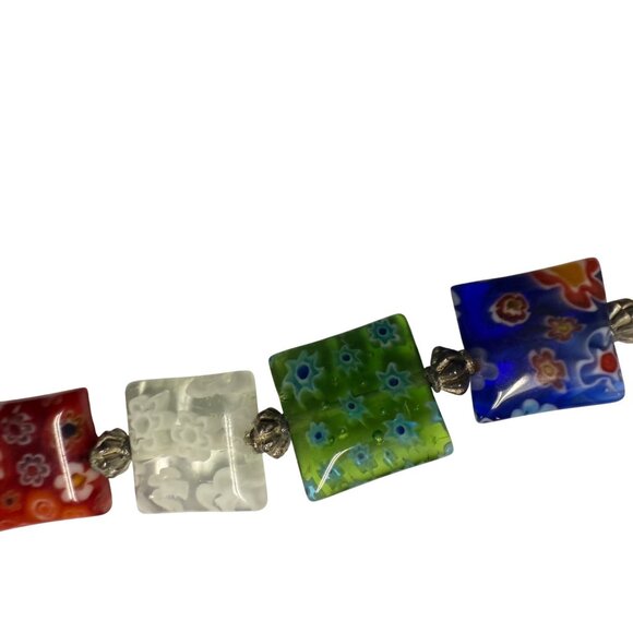 Colorful Millefiori Glass Square Flat  Bead Necklace With Silver-Tone Spacers - Picture 5 of 8